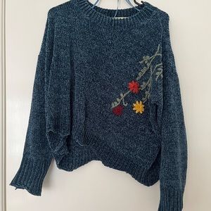 Soft floral embroidered sweater, large, Miami, blue sweater